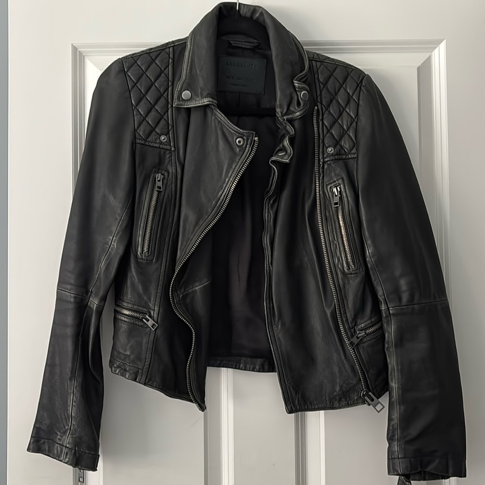 All Saints Leather Biker Jacket, black. US size 4.